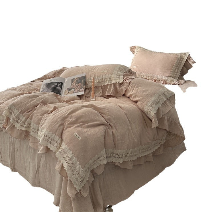 Ruffled Lace-Trim Cotton Duvet Cover Set with Decorative Pillow Shams and Bed Skirt