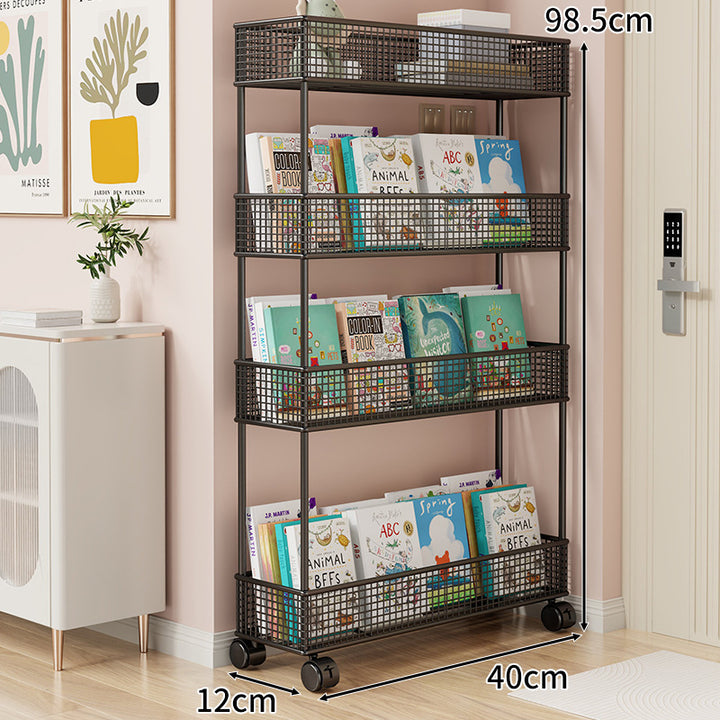 Freestanding Four‑Tier Metal Mesh Book and Display Shelf Rack