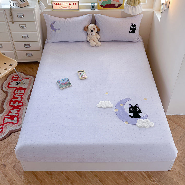 Striped Fitted Bed Sheet Set with 3D Cow Appliqué and Matching Pillowcases