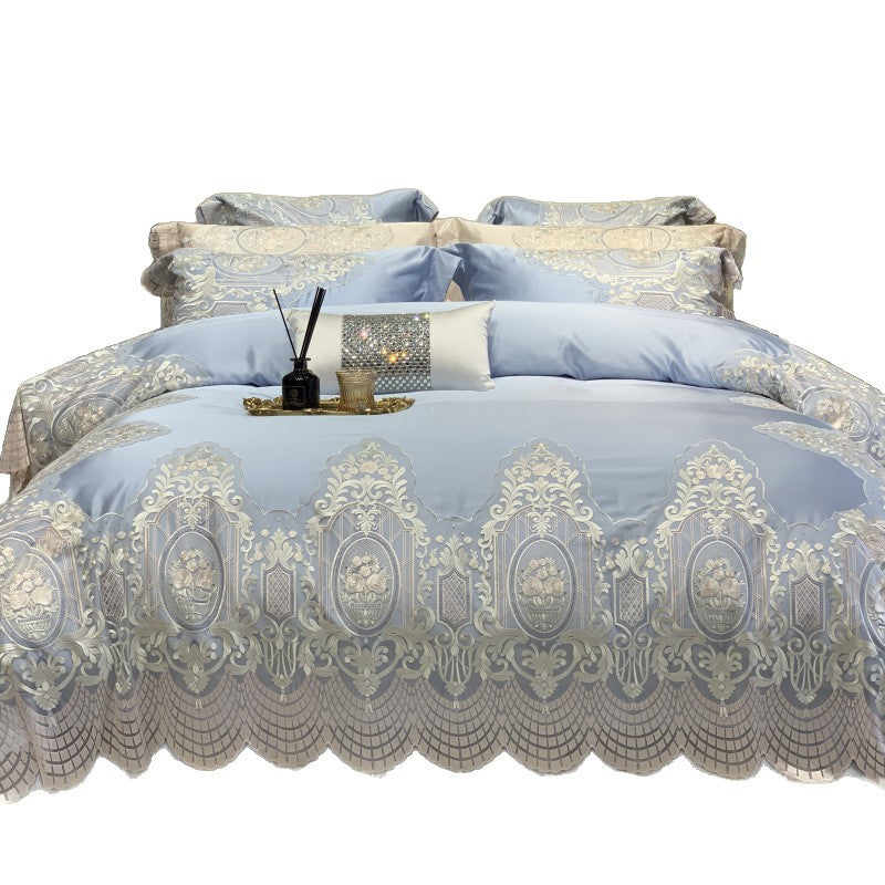 Luxury Embroidered Lace-Trim Duvet Cover Set with Decorative Pillow Shams