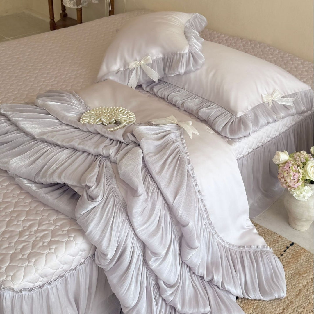 Layered Pleated Satin-Feel Tiered Bedspread Set with Ruffled Pillow Shams