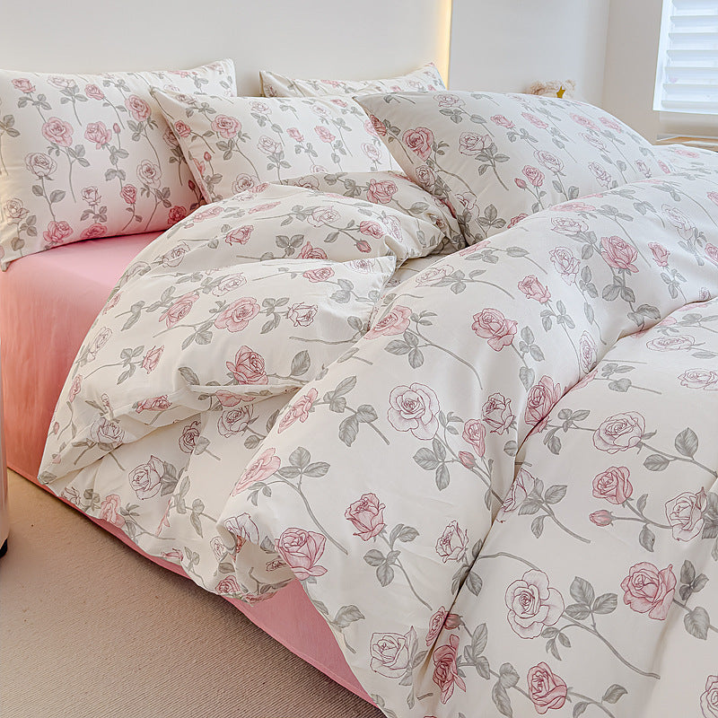Rose-Print Cotton Sateen Duvet Cover Ensemble with Hypoallergenic Down-Alternative Comforter