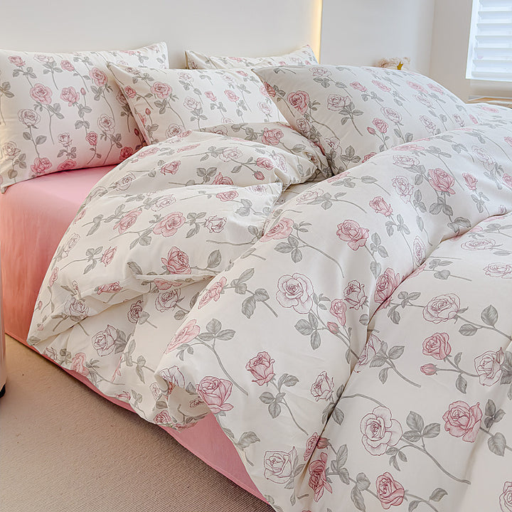 Rose-Print Cotton Sateen Duvet Cover Ensemble with Hypoallergenic Down-Alternative Comforter