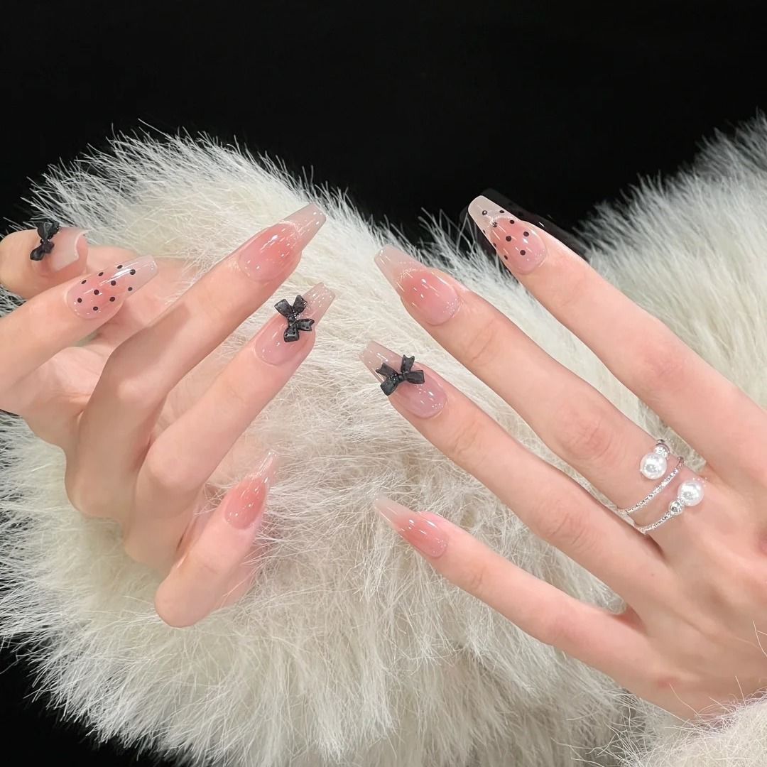 Artistic Long Stiletto Press-On Nails with Bow Accents Stornfield