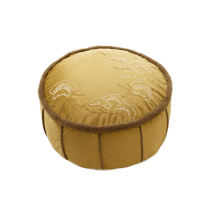 Round padded floor seat pouf with embroidered top and faux fur trim Stornfield