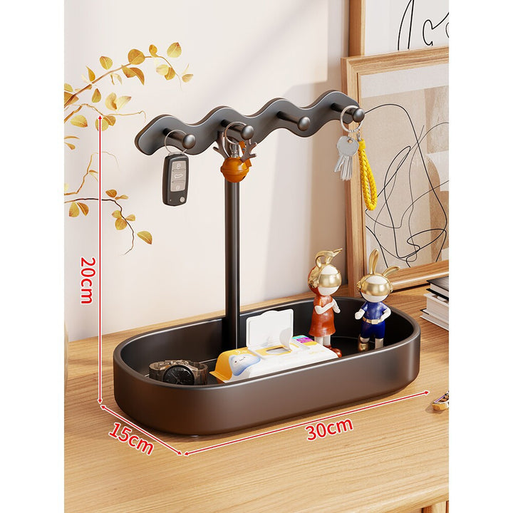 Wave-Top Vertical Jewelry and Key Organizer Tray with Multi-Hook Stand