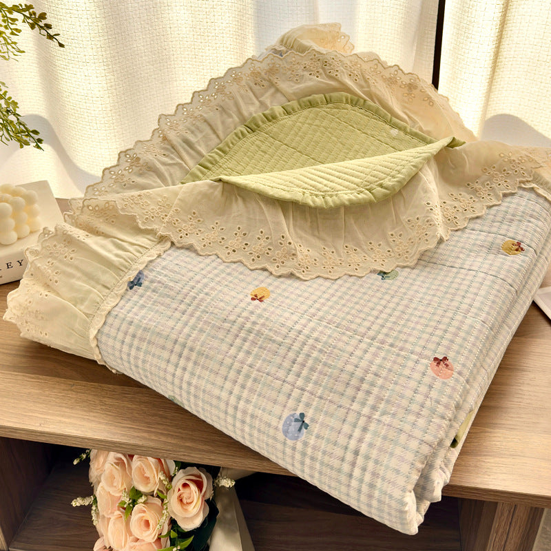 Quilted Floral Reversible Throw Blanket with Eyelet Lace Ruffle
