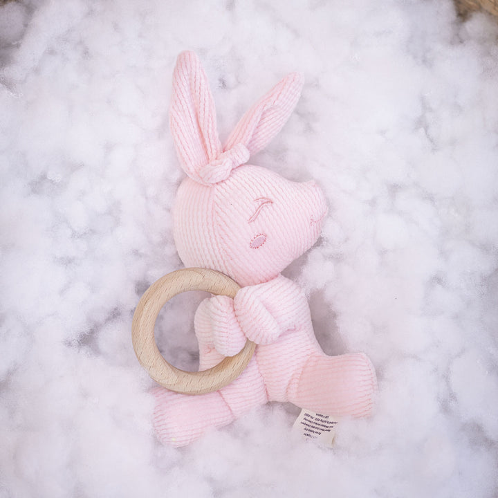 Plush Bunny Teether Rattle with Natural Beech Wood Ring