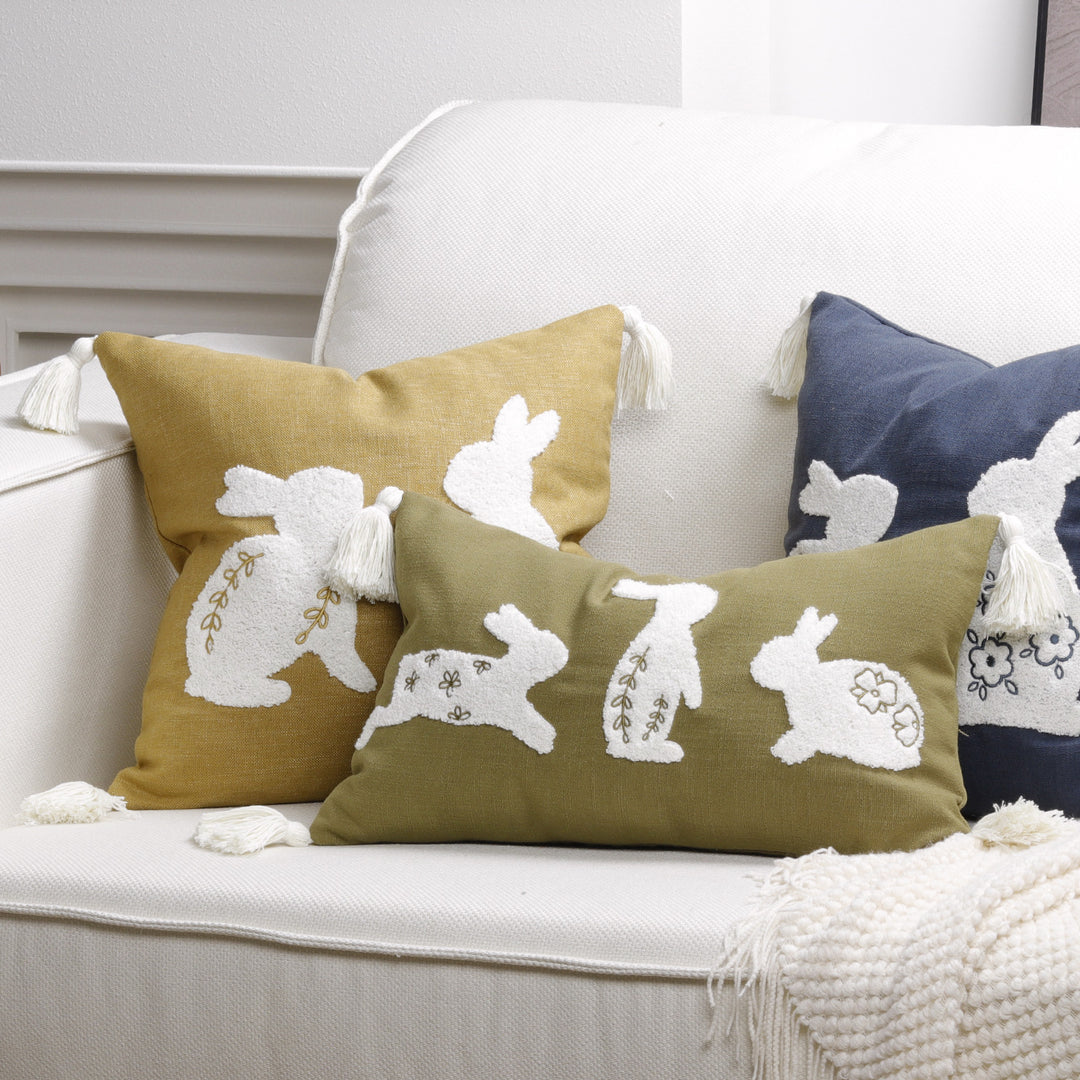Decorative Lumbar Pillow Cover with Tufted Bunny Appliqués and Corner Tassels