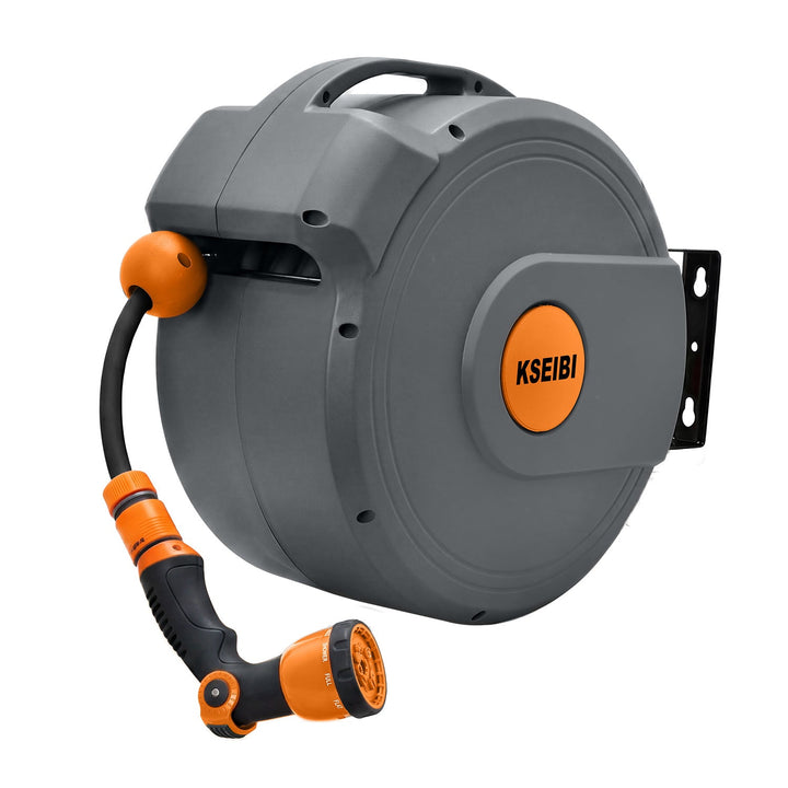 heavy-duty retractable wall-mounted garden hose reel with rubber hose and adjustable multi-pattern spray nozzle Stornfield