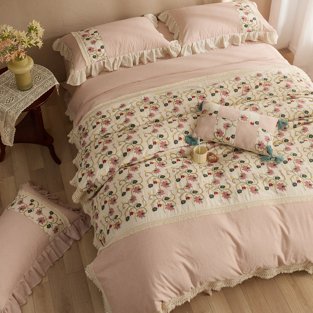 Ruffled Embroidered Floral Cotton Duvet Cover Set with Lace Trim & Decorative Shams