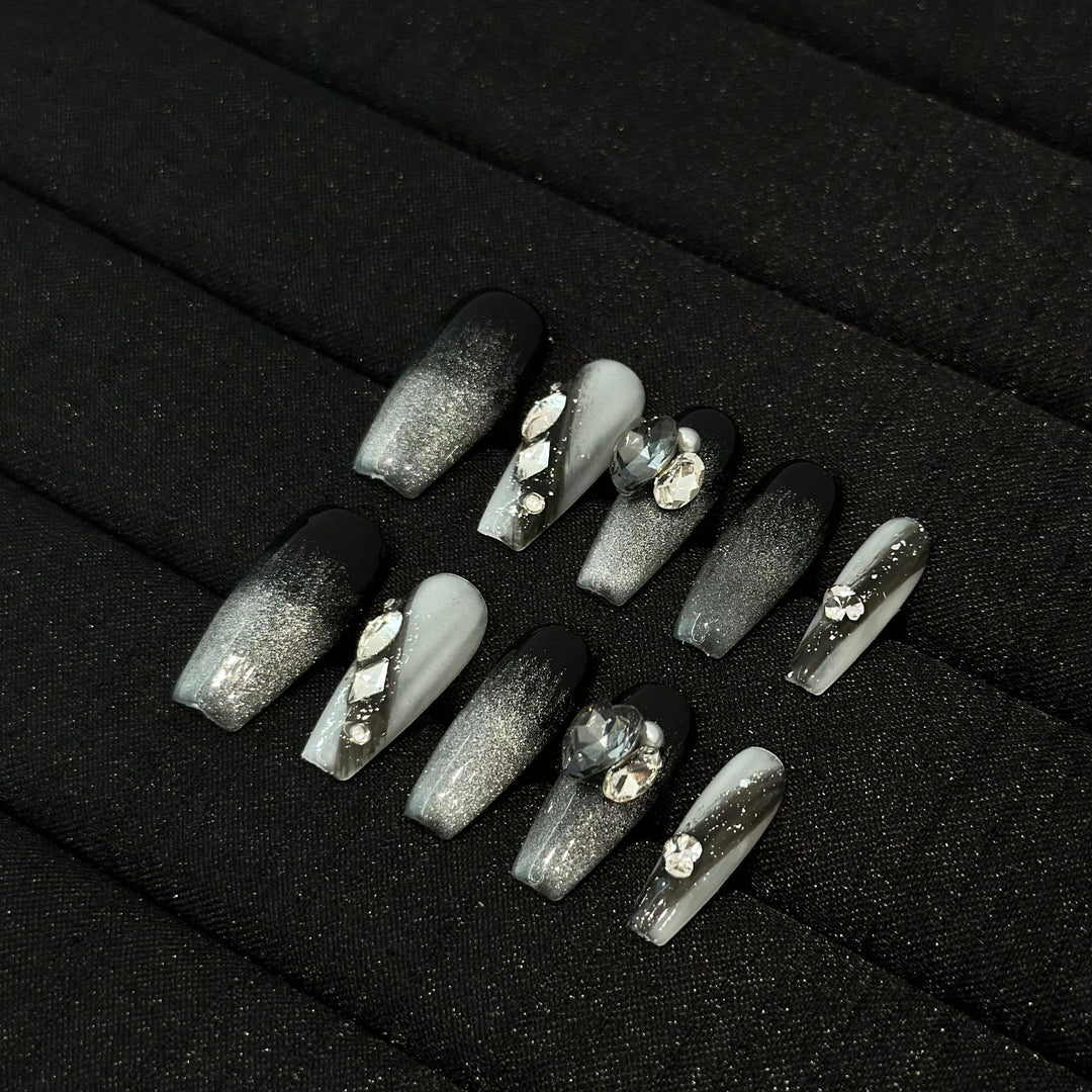 Artistic Ombre Press-On Nail Set with Gemstone Accents