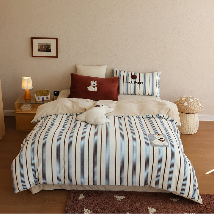 Striped Cotton Sateen Duvet Cover Set with Embroidered Puppy Applique & Pillow Shams