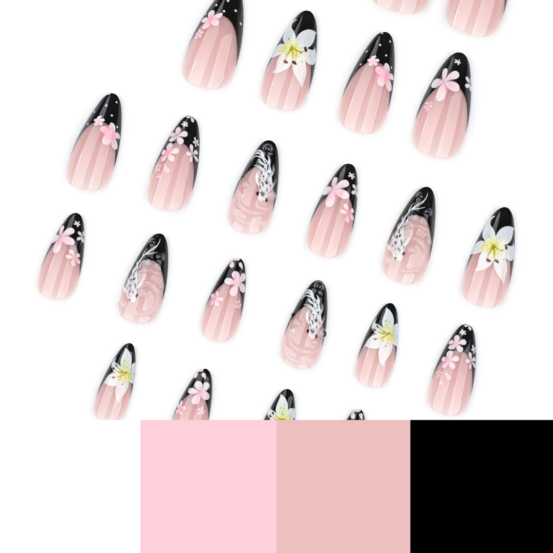 Elegant Nail Extensions with Creative Flowers and Black-White Patterns Stornfield