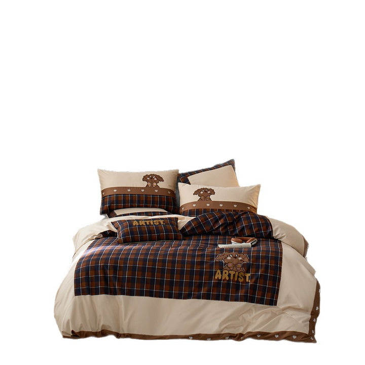 Children's bedding set made of cotton blend with checkered design and dog appliqué