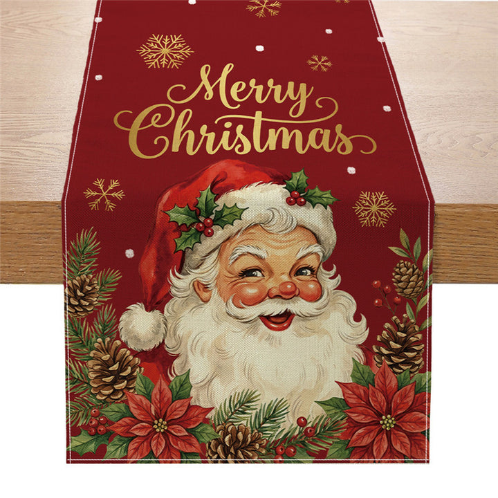 Festive Cotton-Linen Christmas Table Runner with Snowman and Plaid Tree Illustration
