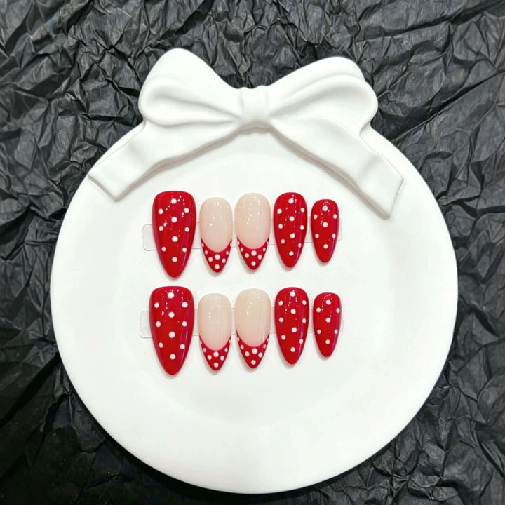 Playful Press-On Nail Art Set with Dotted Red Design
