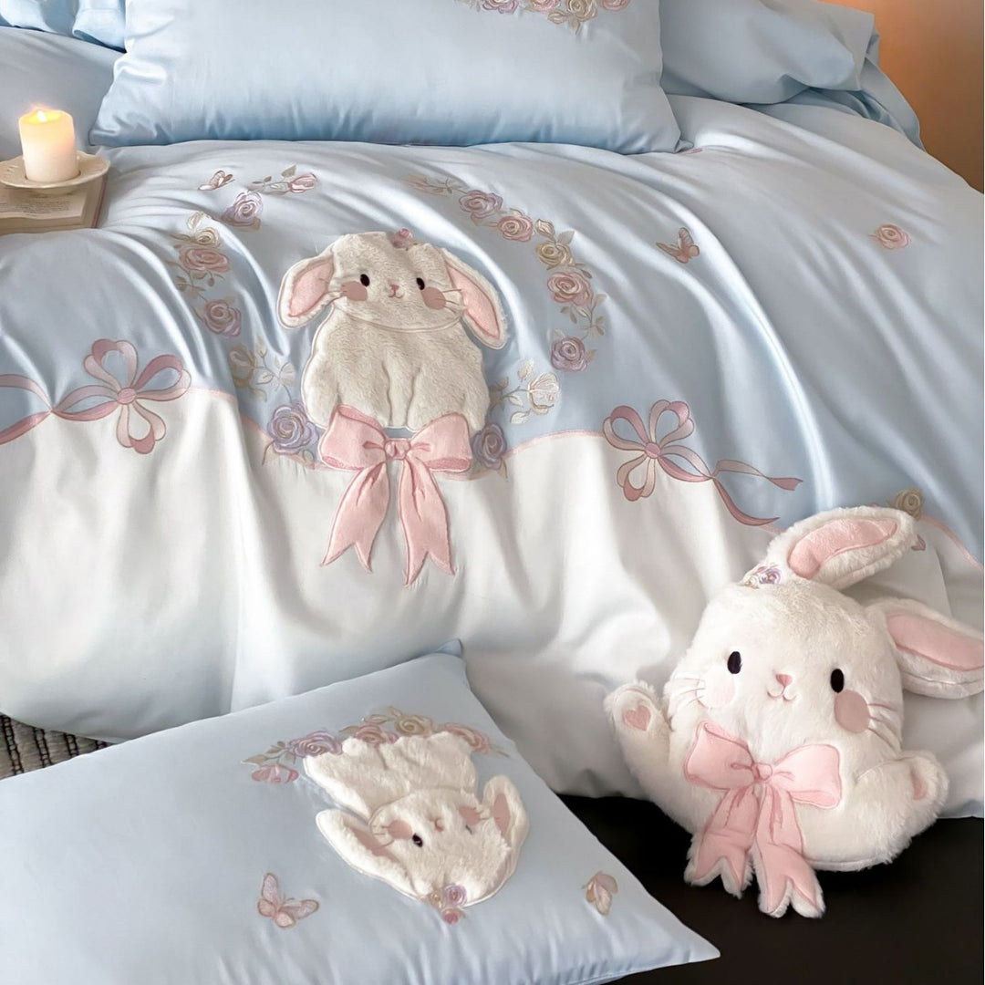 Plush Bunny Appliqué Cotton-Sateen Decorative Duvet Cover Set