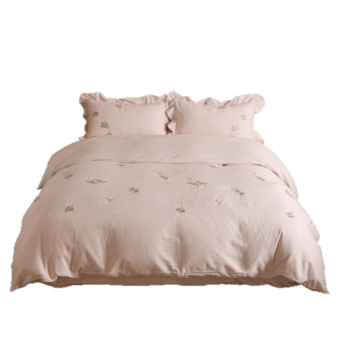 Embroidered Floral Cotton Sateen Duvet Cover Set with Ruffled Pillow Shams