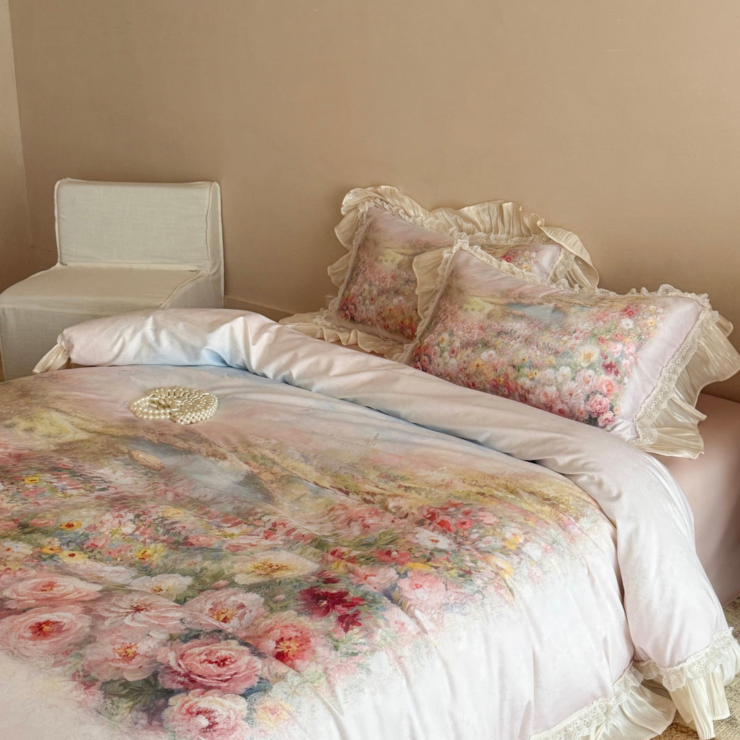Floral Ruffled Lace-Trim Duvet Cover Set