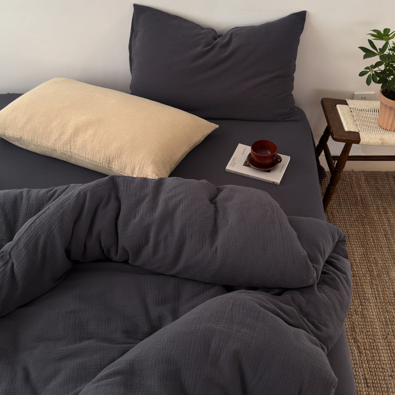 Washed Cotton Gauze Textured Duvet Cover Set with Deep-Pocket Fitted Sheet