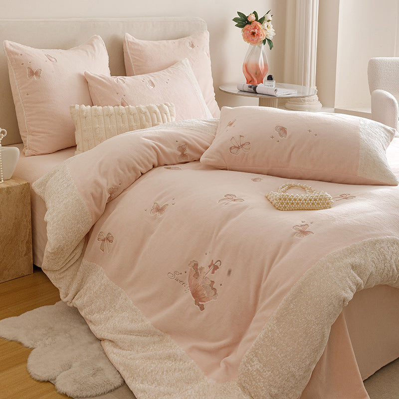 Plush Embroidered Bow Motif Sherpa-Trim Duvet Cover & Pillow Sham Set