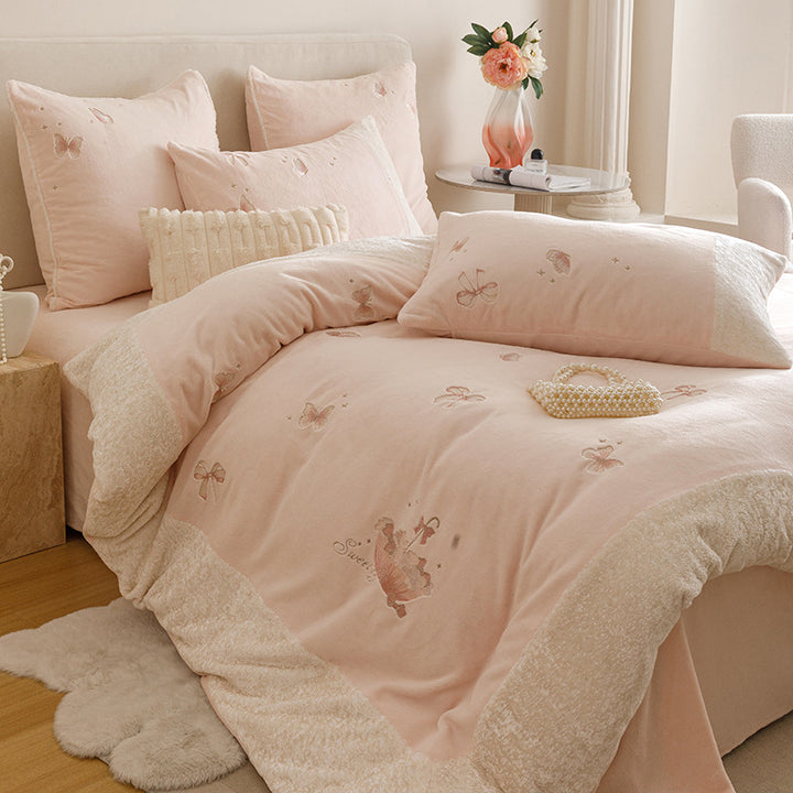 Plush Embroidered Bow Motif Sherpa-Trim Duvet Cover & Pillow Sham Set