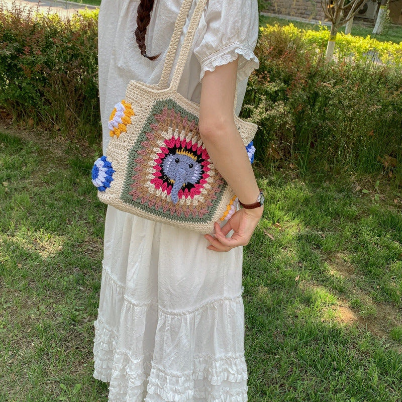 Handmade macrame shoulder bag with elephant design Stornfield