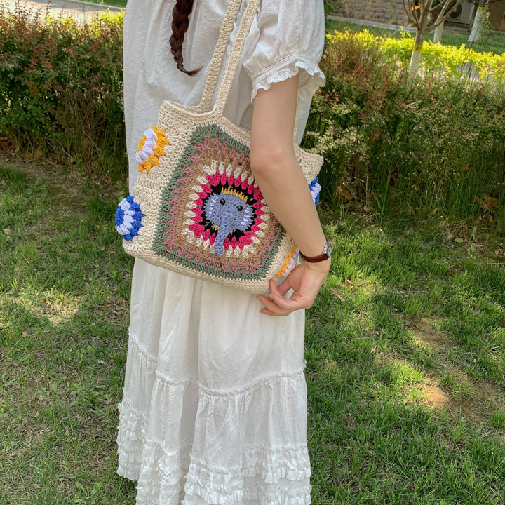 Handmade macrame shoulder bag with elephant design Stornfield