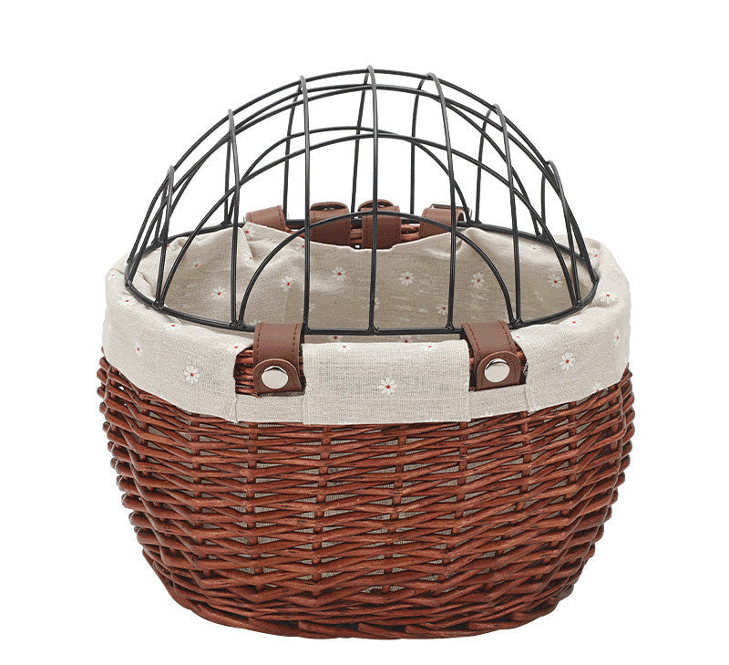 woven rattan pet carrier basket with detachable linen liner and foldable metal safety dome Stornfield