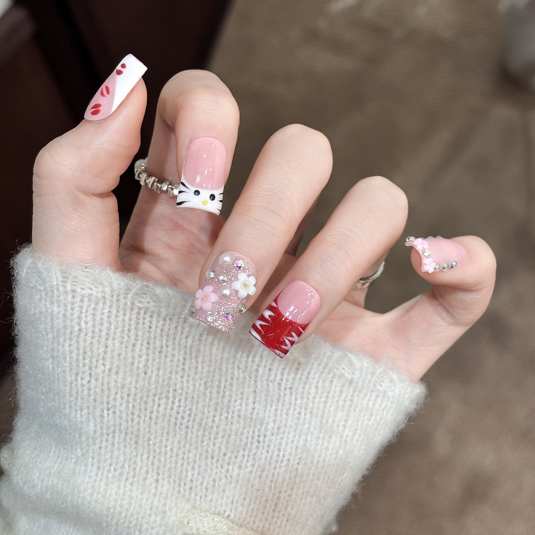 Artistic Press-On Nail Set with Floral and Charms