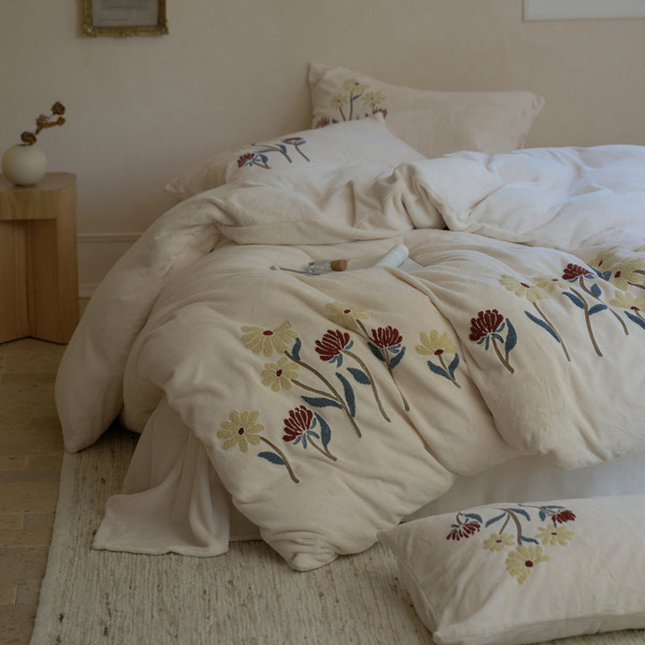 Botanical Embroidered Plush Cotton Duvet Cover Set with Reversible Quilted Comforter