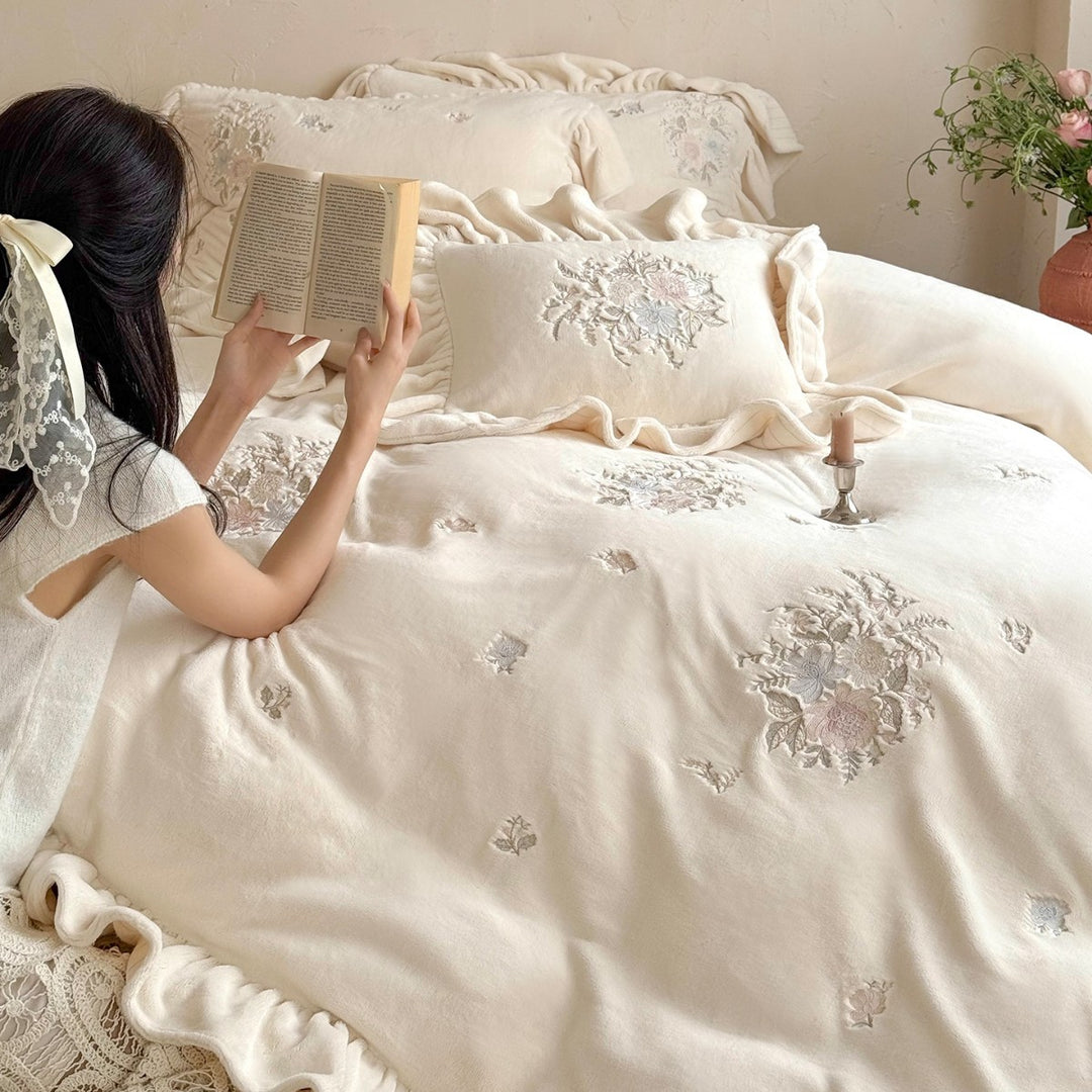 Embroidered Ruffled Floral Duvet Cover Set