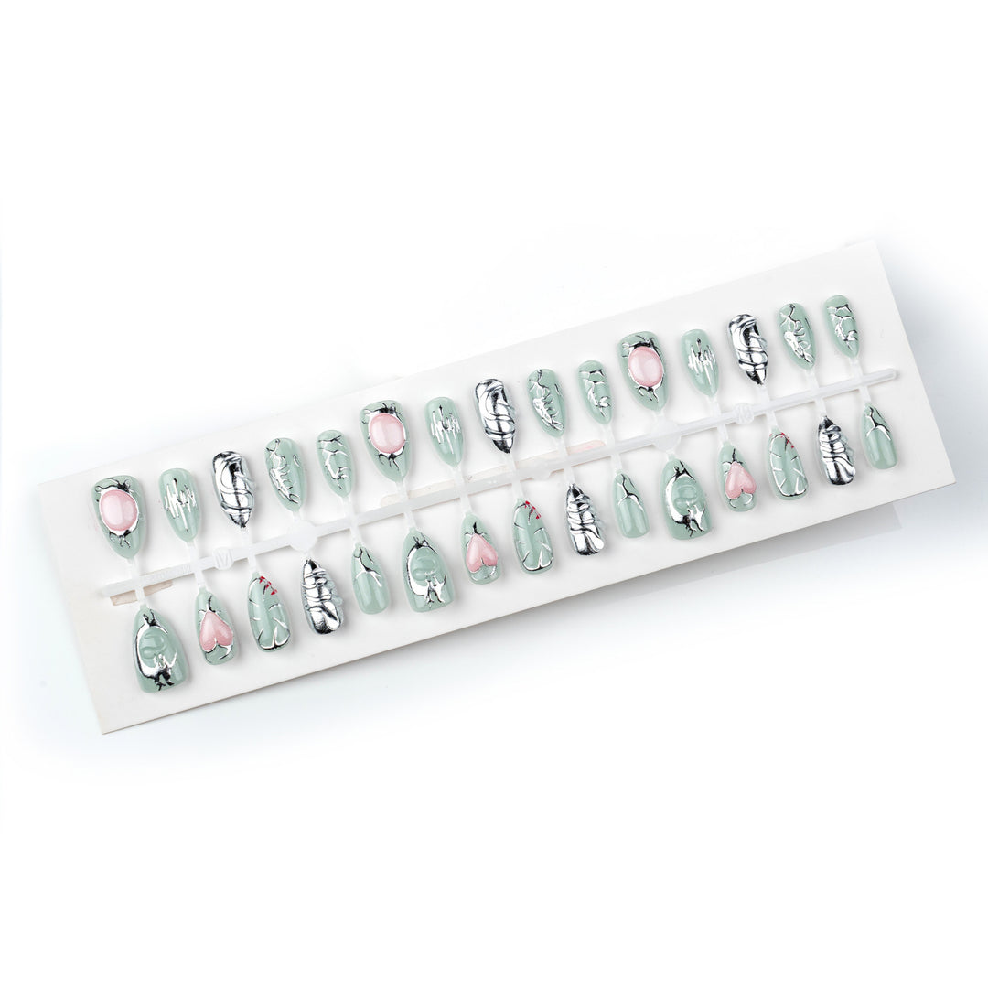 Artistic Press-On Nail Art Set with Silver and Crystal Accents Stornfield