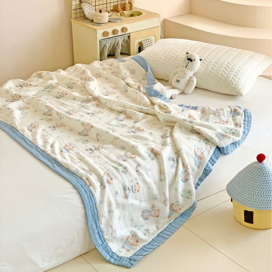 Muslin Cotton Blanket with Whimsical Animal Print and Quilted Border