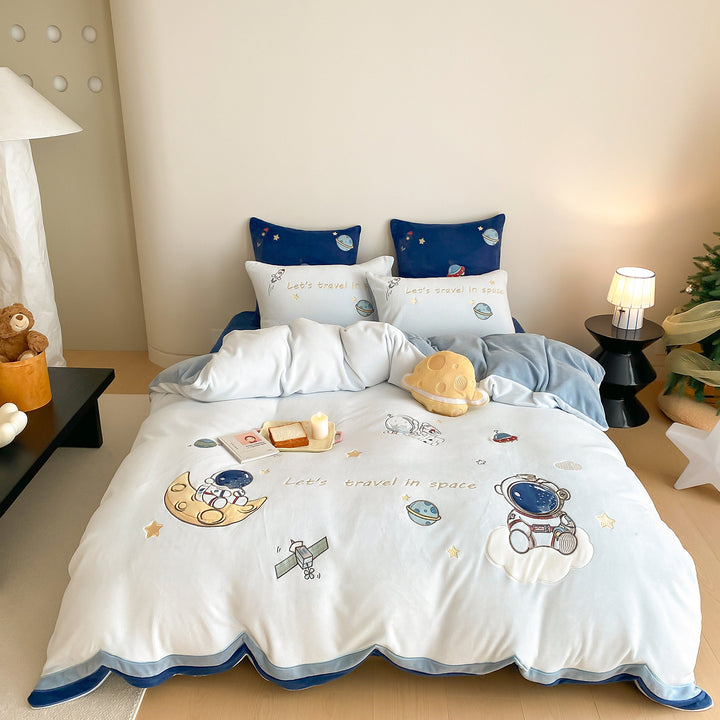 Children's Astronaut Embroidered Cotton Duvet Cover Set with Scalloped Velvet-Trim Pillow Shams