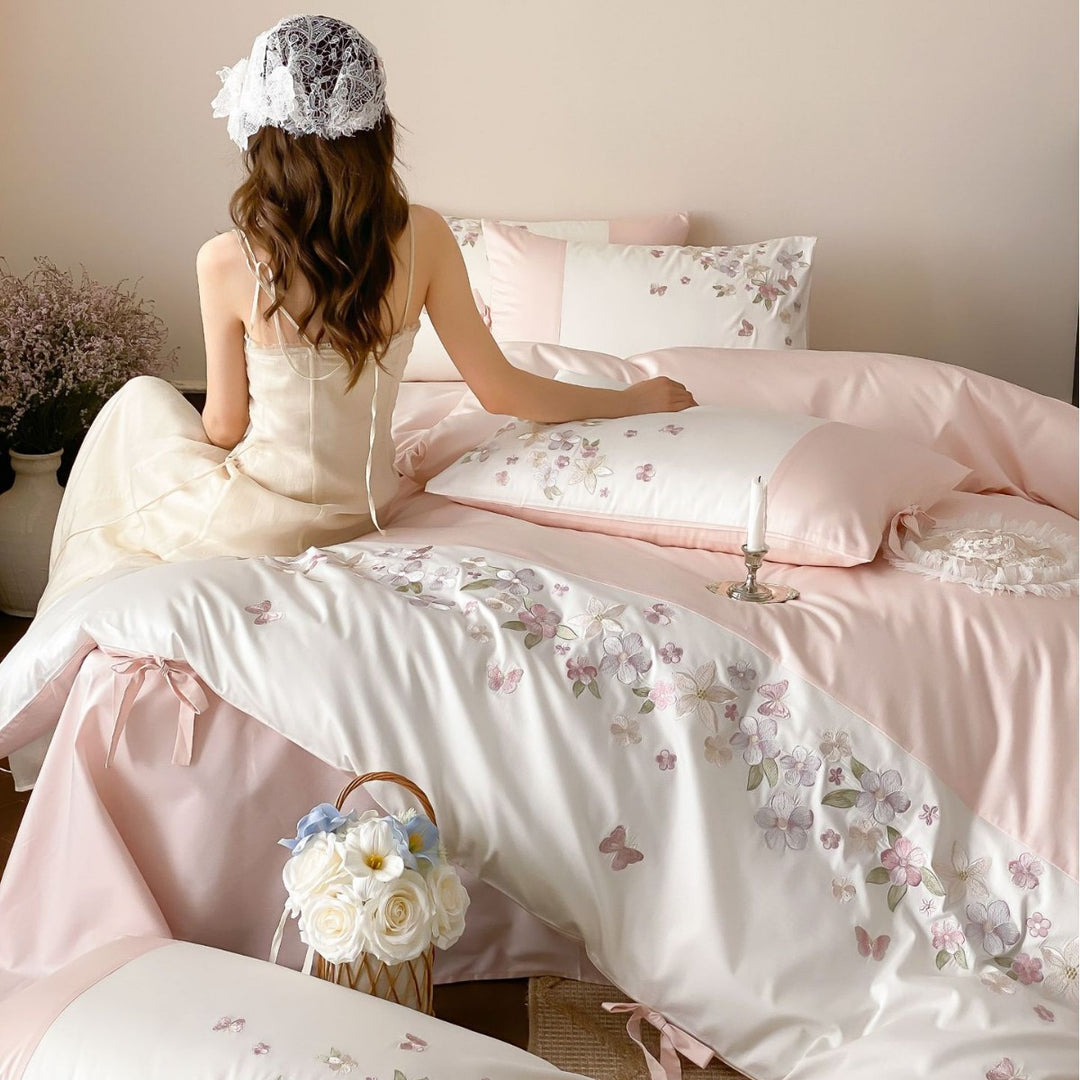 Floral Embroidered Cotton Sateen Duvet Cover Set with Ribbon-Tie Shams