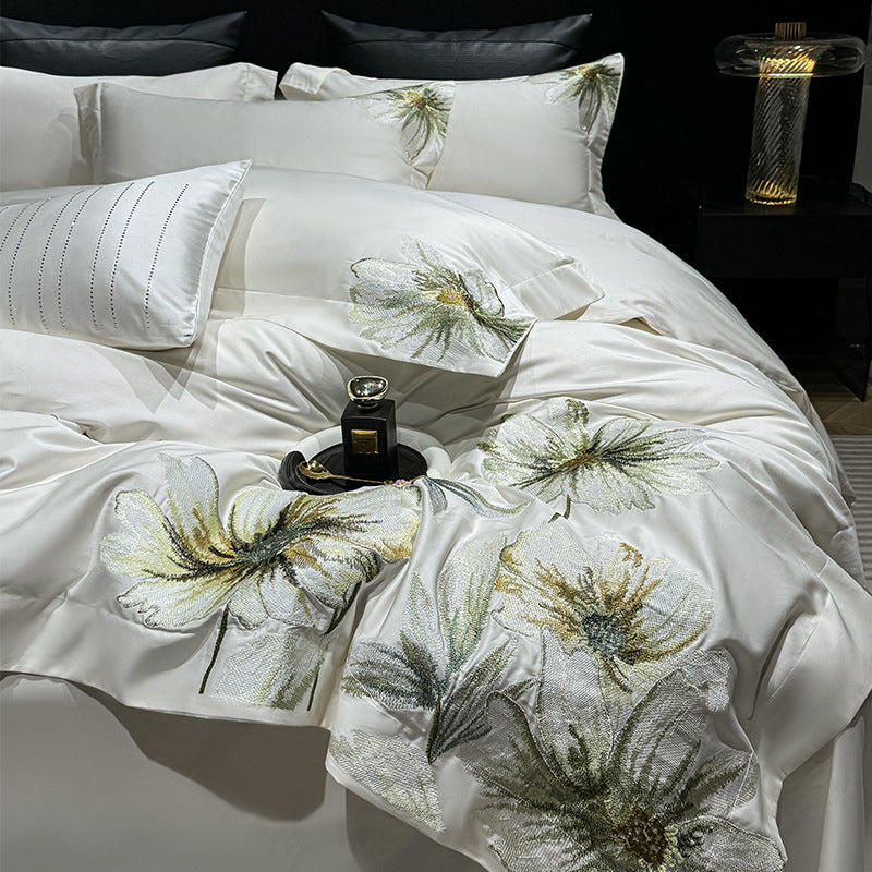 Luxury Embroidered Botanical Cotton-Sateen Duvet Cover Set with Decorative Pillow Shams