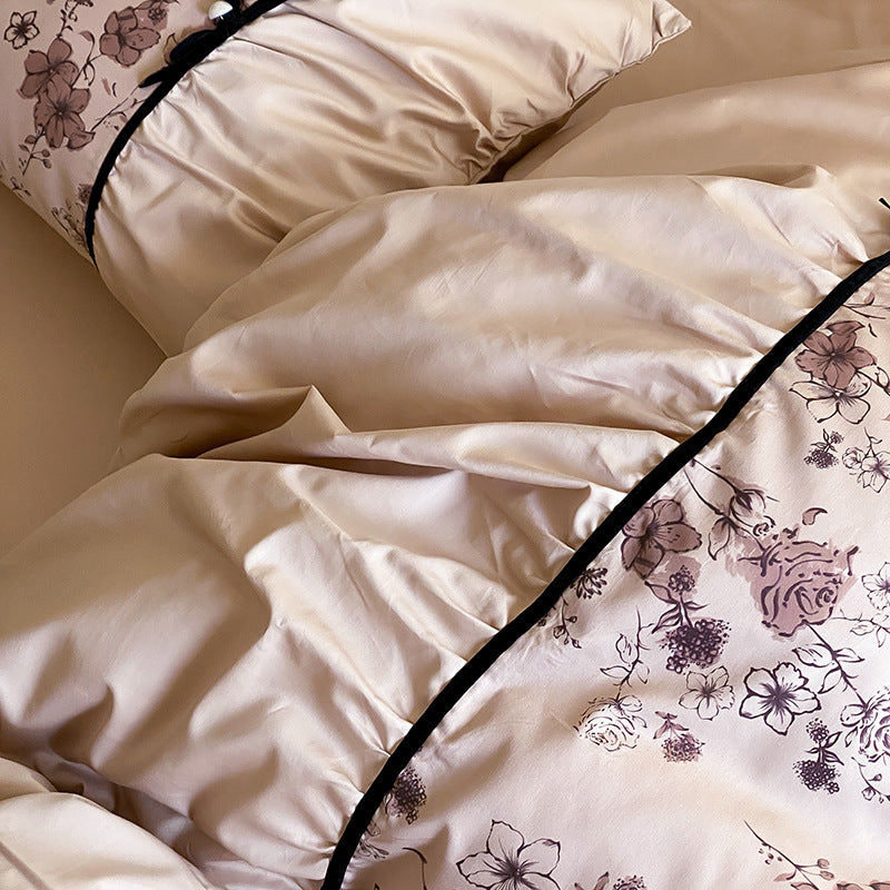 Luxurious satin bedding set with floral print and ruffles