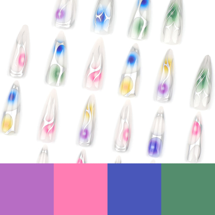 Artful stiletto nails with transparent design and colorful accents Stornfield