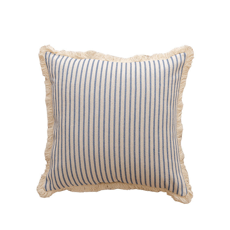 Square Striped Canvas Throw Pillow with Natural Fringe Trim