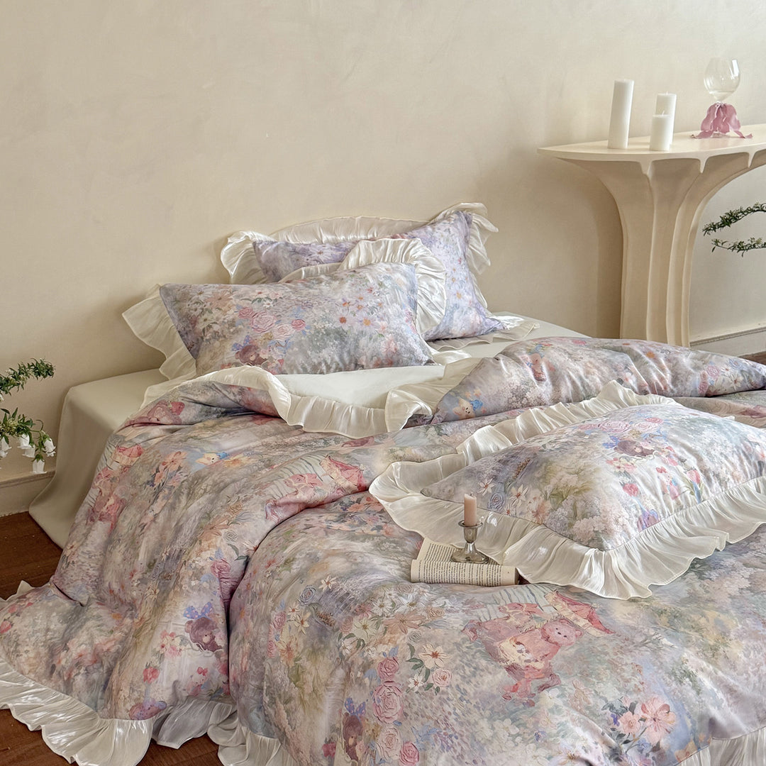 Romantic cotton satin bedding set with watercolor floral pattern and gathered satin ruffle