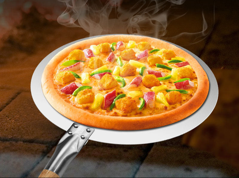 assorted sized round stainless steel pizza peels with long wooden handles Stornfield