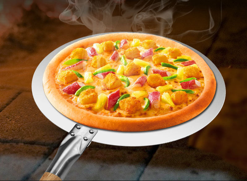 round stainless steel pizza peel set with long hardwood handles Stornfield