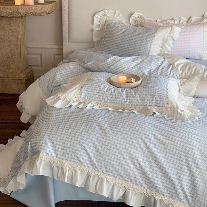 Ruffled Houndstooth Cotton-Sateen Duvet Cover Set