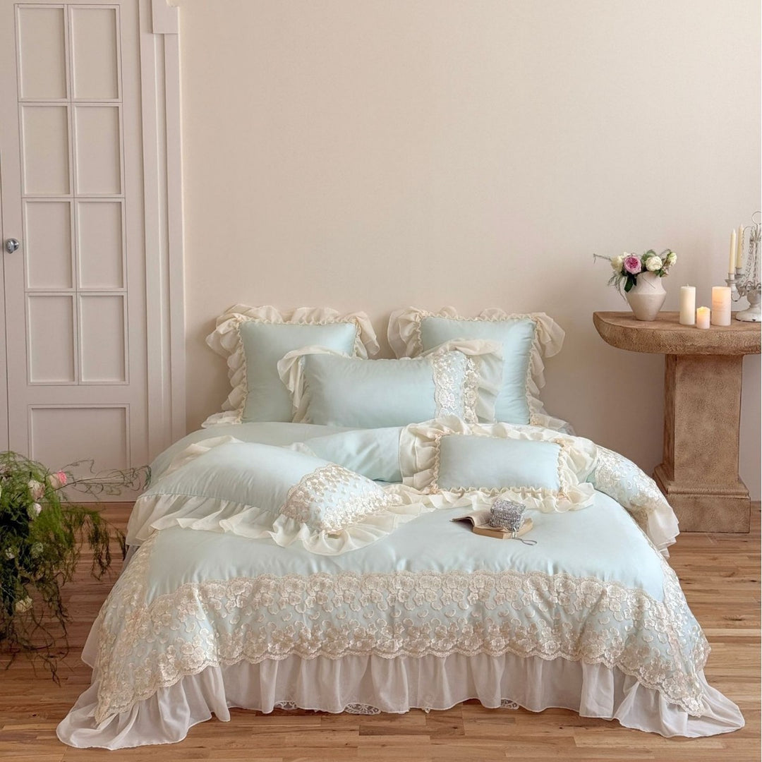 Luxurious lace bedding set with ruffles and frills