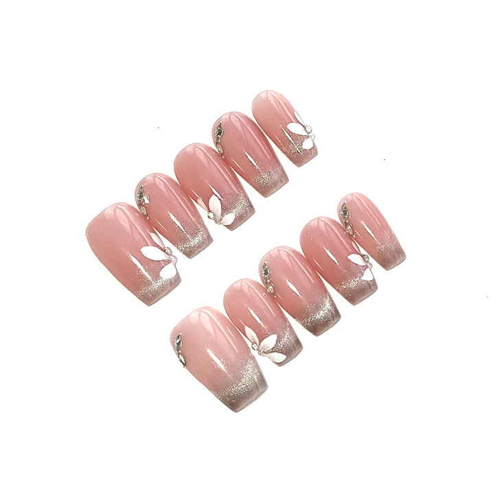 Elegant Floral Press-On Nail Art Set with Rhinestone Accents