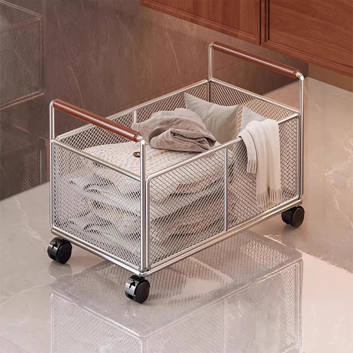 Freestanding Mesh Storage Crate with Wooden Grip Handles for Living Room and Laundry