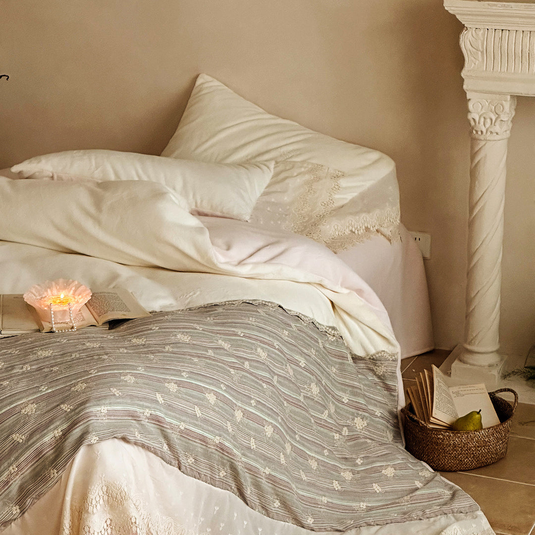 Vintage-Inspired Lace-Trim Cotton Duvet Cover Set with Embroidered Bed Skirt and Pillow Shams