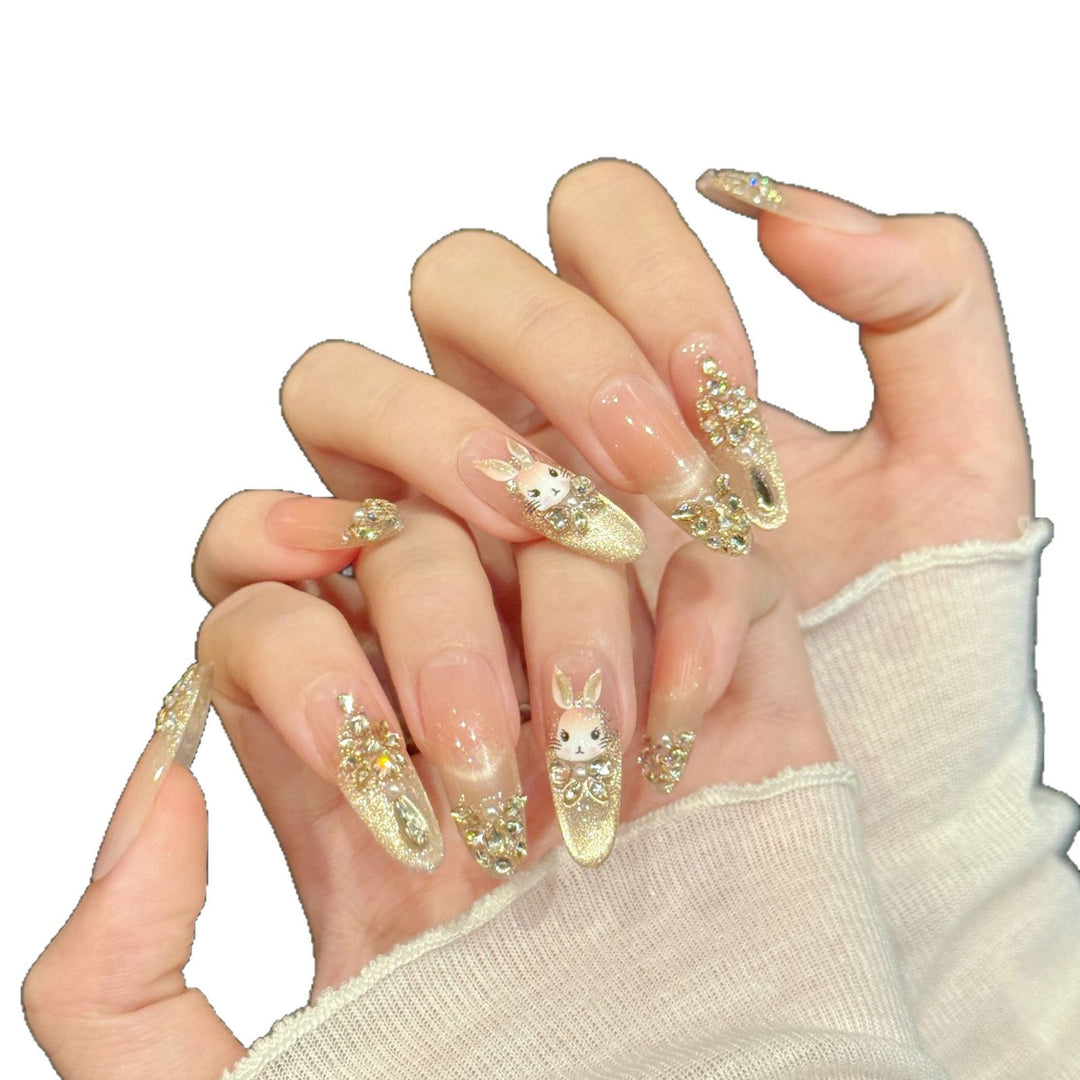 Decorative Press-On Nail Art Set with Bunny and Gem Accents
